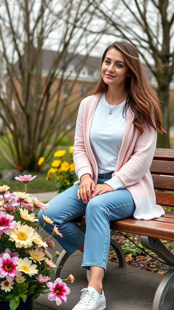 A woman sitting on a bench wearing a pastel pink cardigan and a white tee, surrounded by colorful flowers.