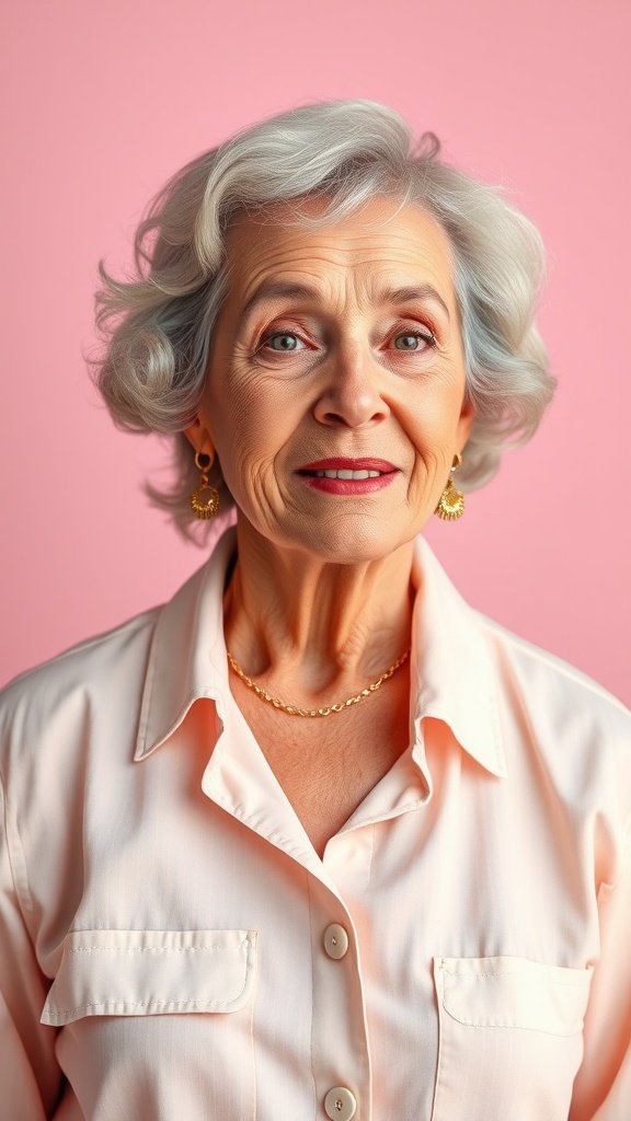 A woman wearing a pastel pink outfit stands in a field of colorful flowers.
