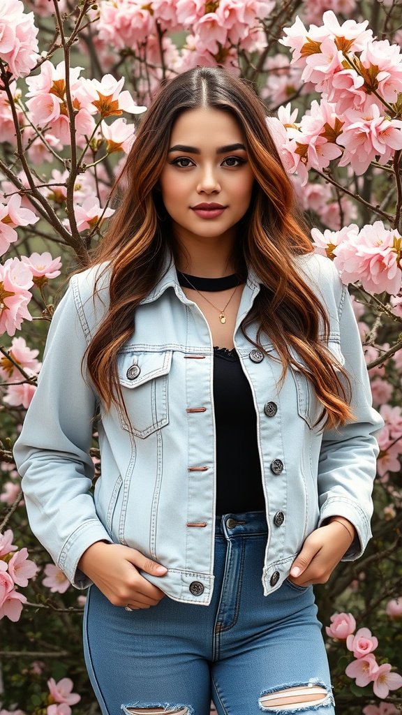 Pastel denim trucker jacket displayed on a chair surrounded by flowers.