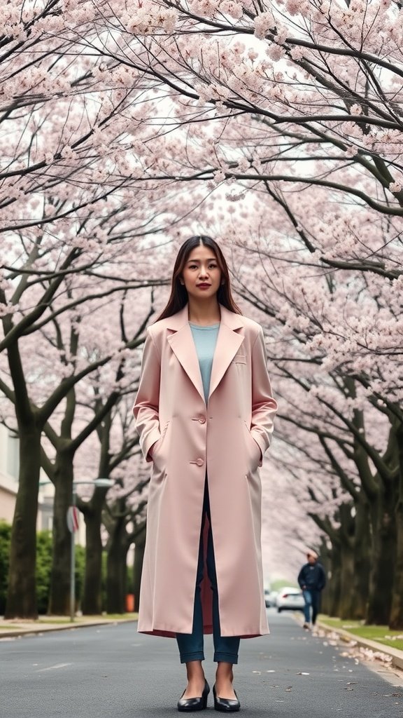 A woman in a peachy pink longline blazer standing on a street lined with cherry blossom trees.