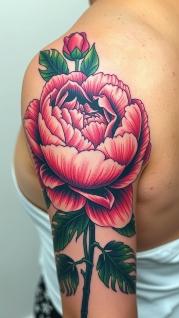 A vibrant peony tattoo on the shoulder, showcasing detailed petals and leaves.