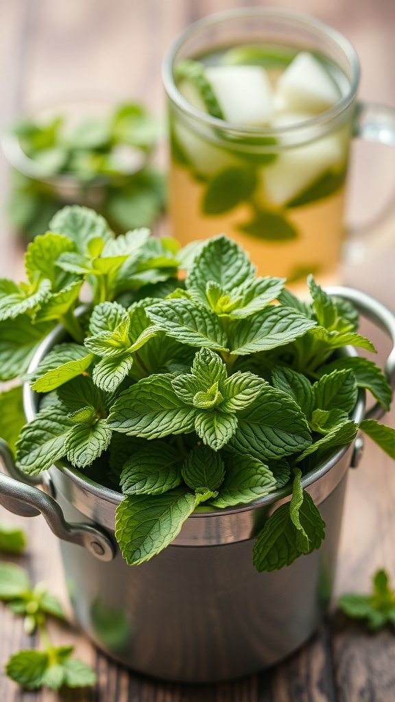 A pot of fresh peppermint leaves with a glass of peppermint tea in the background.