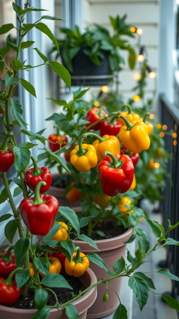 Colorful peppers growing in pots on a balcony