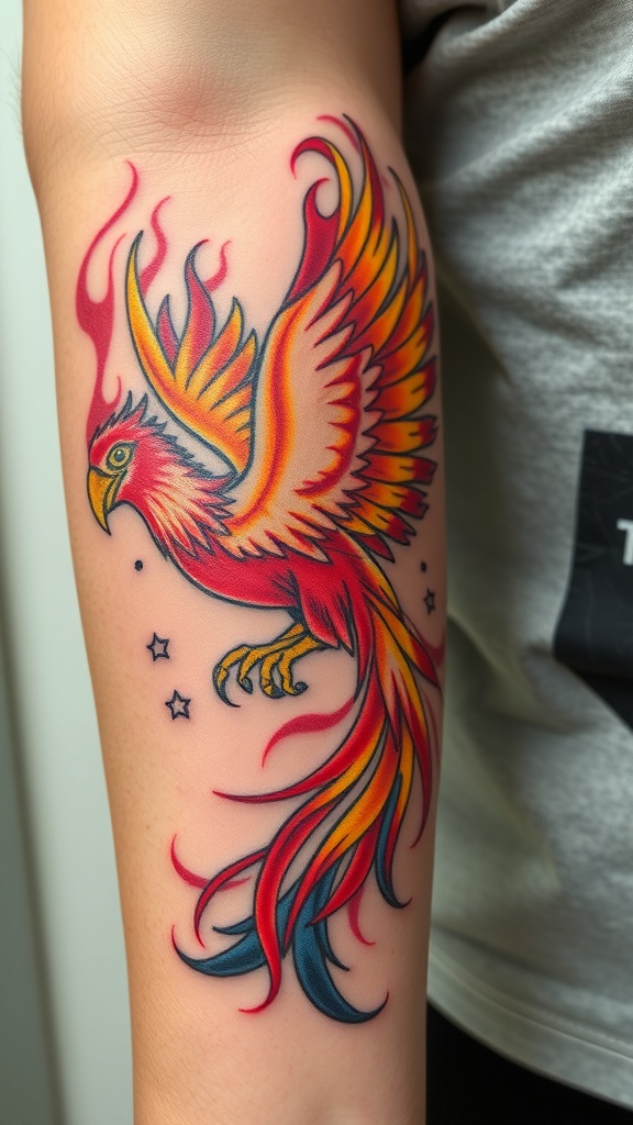 A colorful tattoo of a phoenix with flames and stars, symbolizing rebirth.