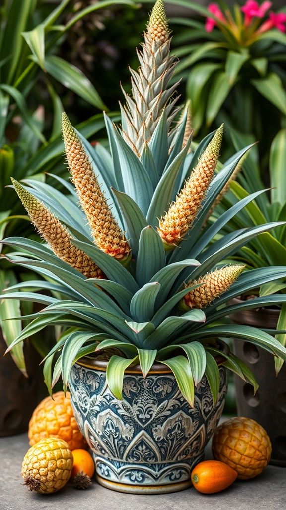 Pineapple sage plant with flowers and pineapples in a decorative pot.