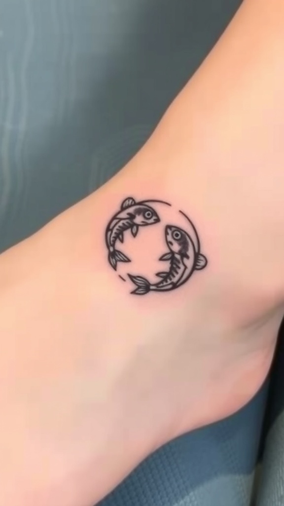 A tattoo of two fish swimming in a circular design on an ankle.