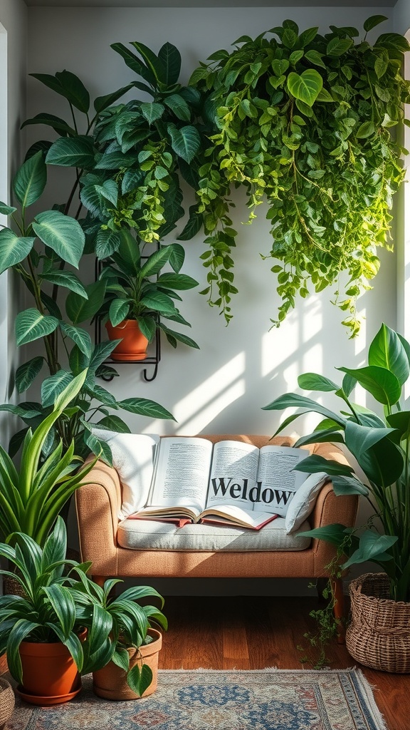 Cozy nook filled with plants and a comfortable chair.