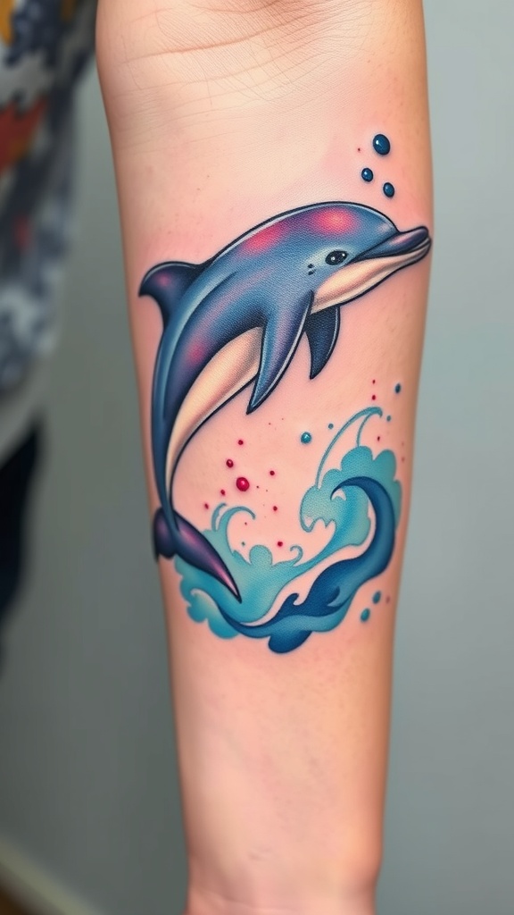 A colorful tattoo of a dolphin jumping through waves on a person's arm.