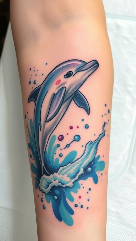 A colorful tattoo of a dolphin splashing through waves.