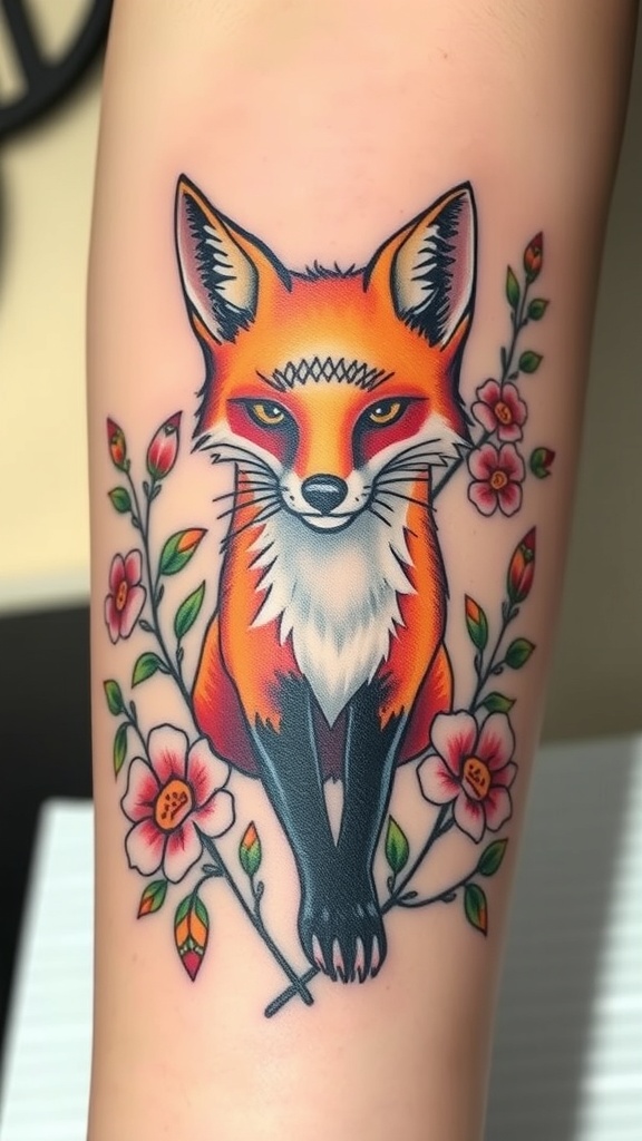 A colorful tattoo of a fox surrounded by flowers.