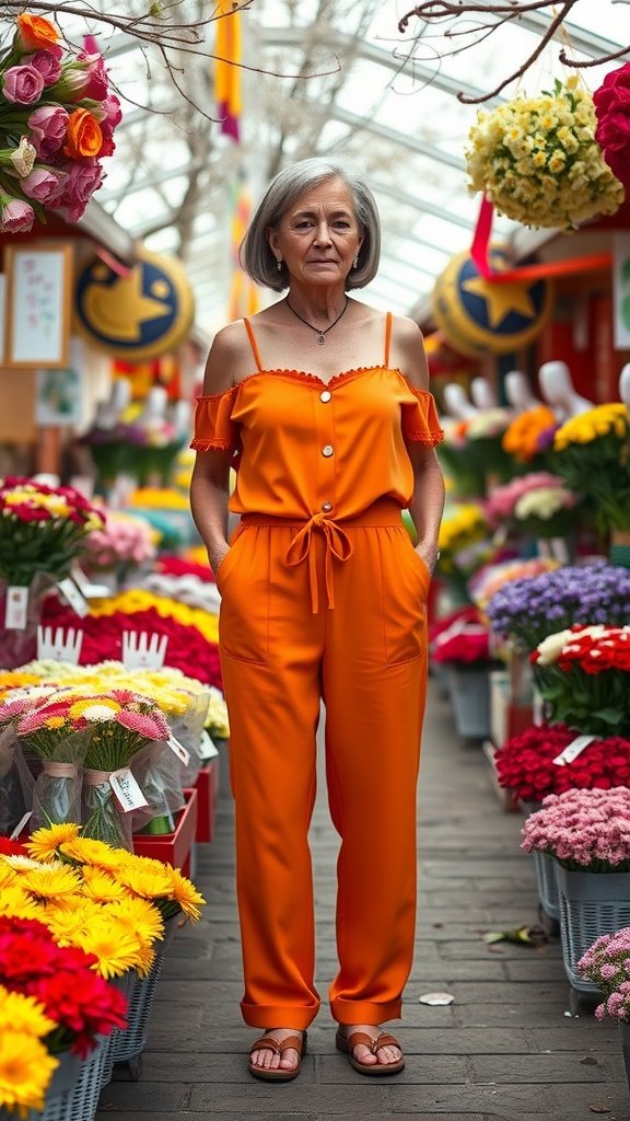 An older woman wearing a bright orange jumpsuit stands in a flower market surrounded by colorful flowers.