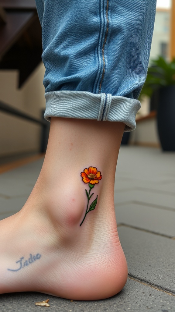 A close-up of a marigold tattoo on an ankle.
