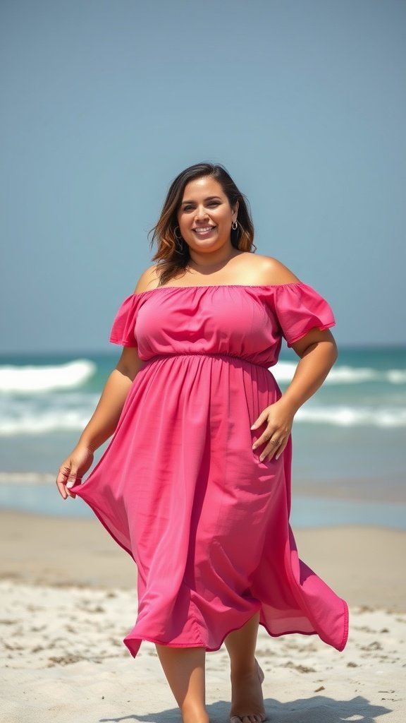 A woman in a playful pink off-shoulder dress standing on the beach with waves in the background.