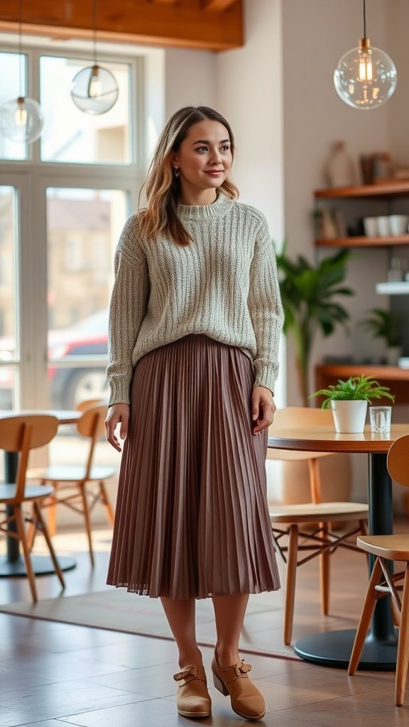 A woman wearing a pleated midi skirt and a knit sweater in a cozy indoor setting.