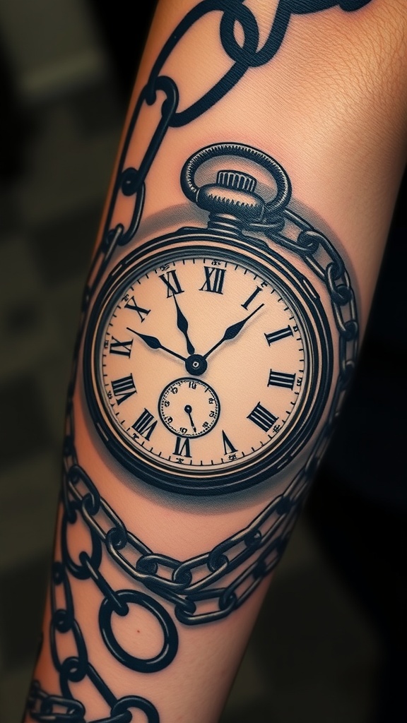 Tattoo of a pocket watch with floating chains