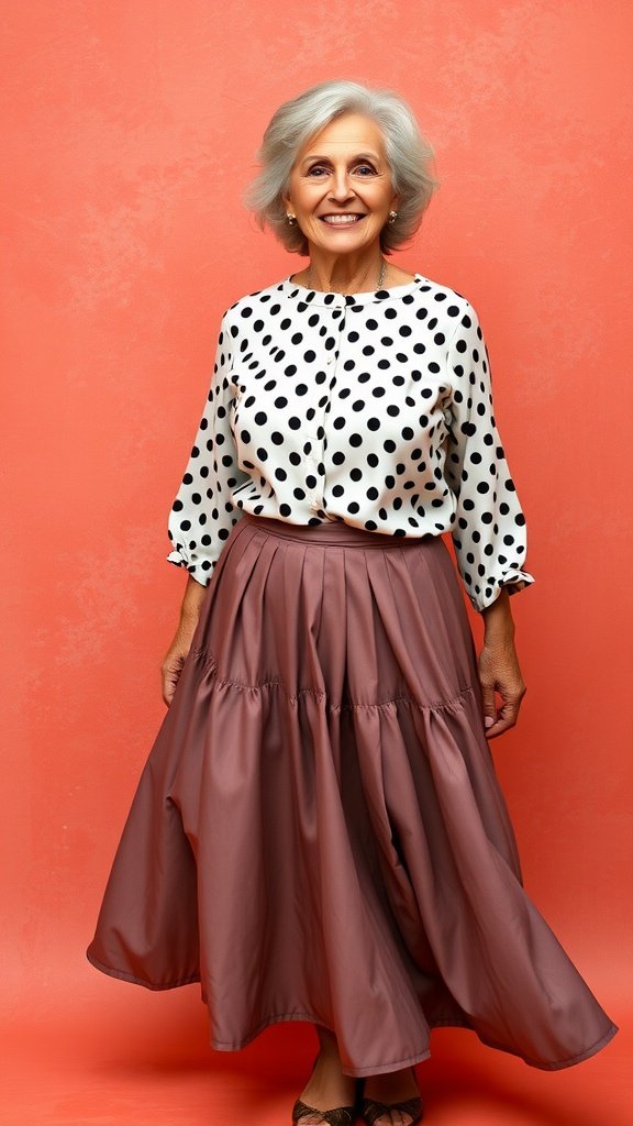 A woman over 50 wearing a polka dot blouse and a flowy skirt, smiling against a coral background.