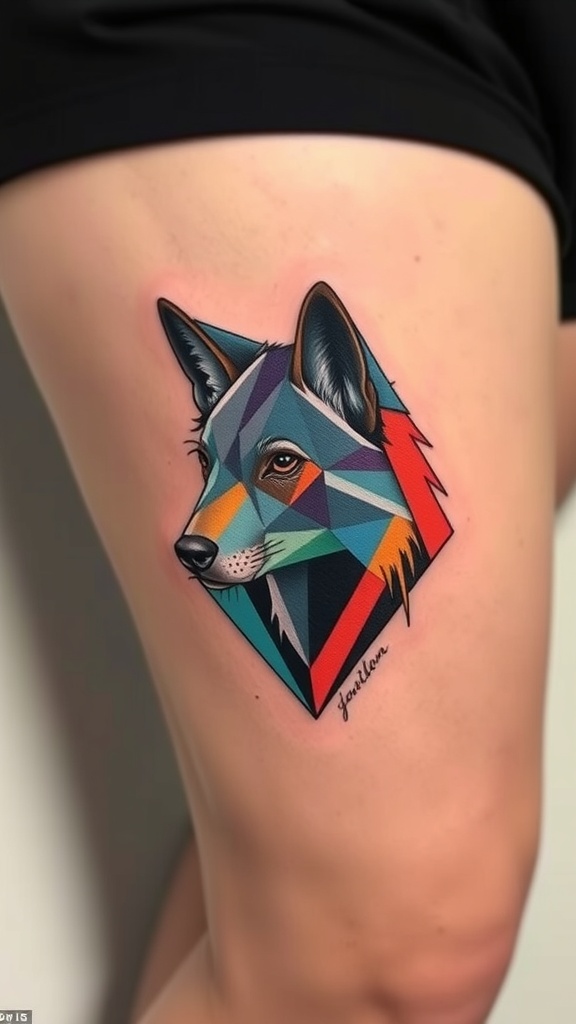 A colorful polygonal tattoo of a wolf's face on a person's thigh.