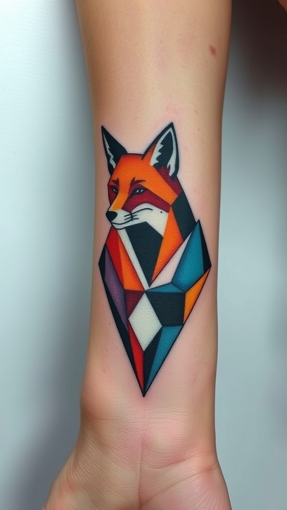 A colorful polygonal fox tattoo featuring abstract shapes.