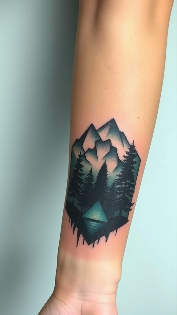A geometric tattoo of mountains and trees on a forearm.