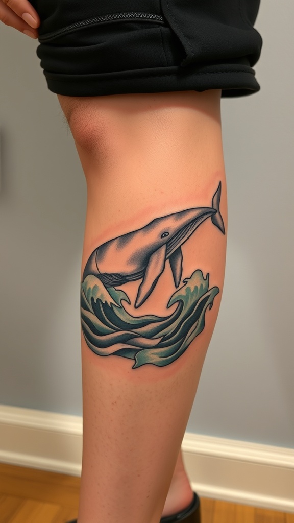 Polygonal whale tattoo on a person's leg
