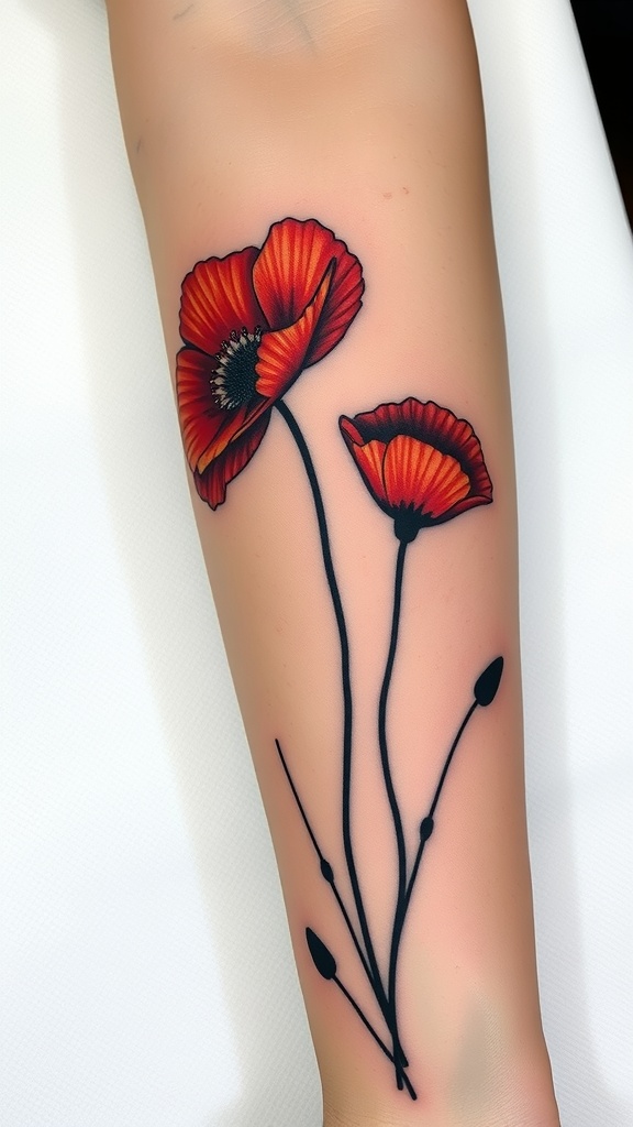 A vibrant tattoo of two red poppy flowers on a forearm.