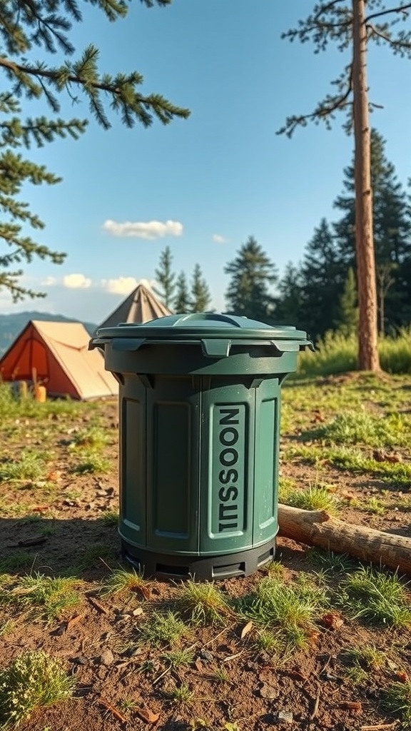 A portable compost bin in a natural outdoor setting