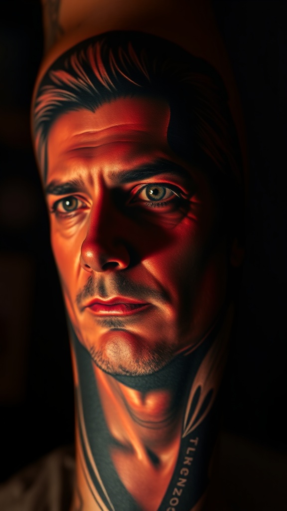 Hyper-realistic portrait tattoo of a celebrity with dramatic lighting