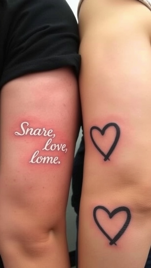 Tattoo of a couple's arms with a phrase and heart designs