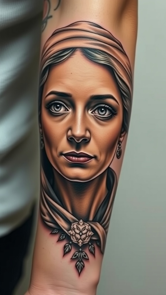 A hyper-realistic portrait tattoo of a historical woman with intricate details.