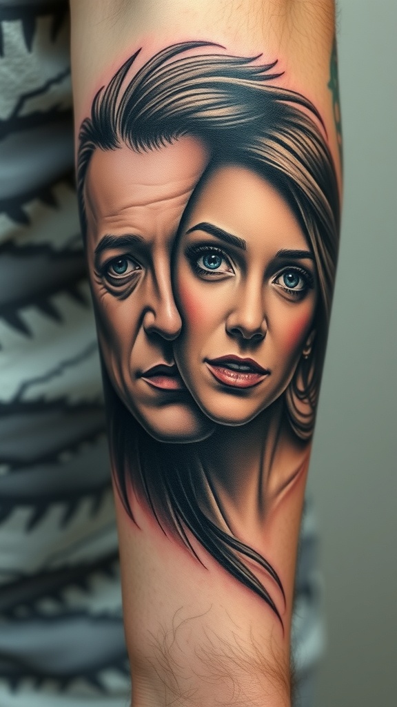 Realistic tattoo of two faces blending together on a forearm.