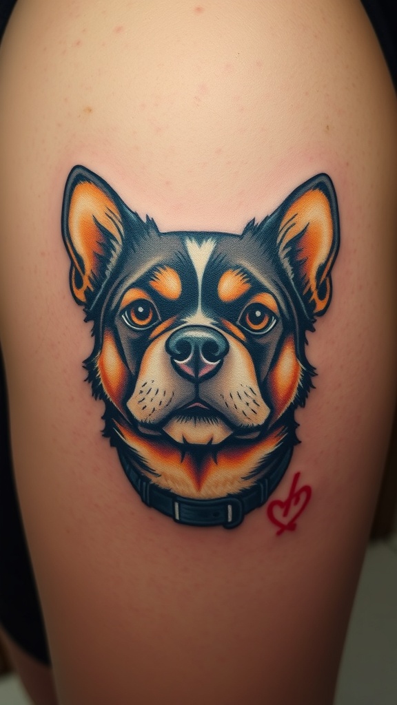 Tattoo of a dog's face with human-like features on a person's skin.