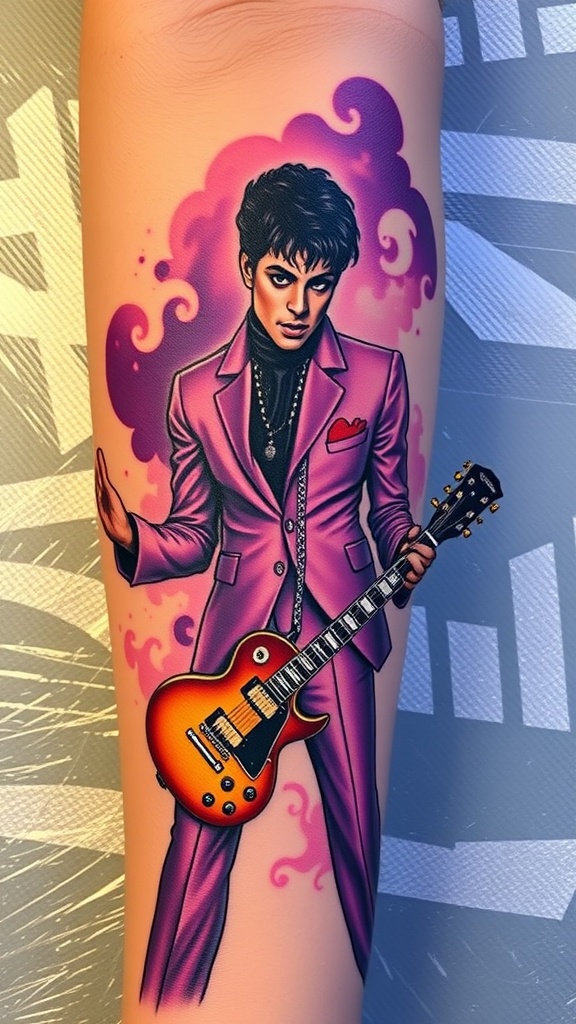 Tattoo of a musician in a purple suit holding a guitar.