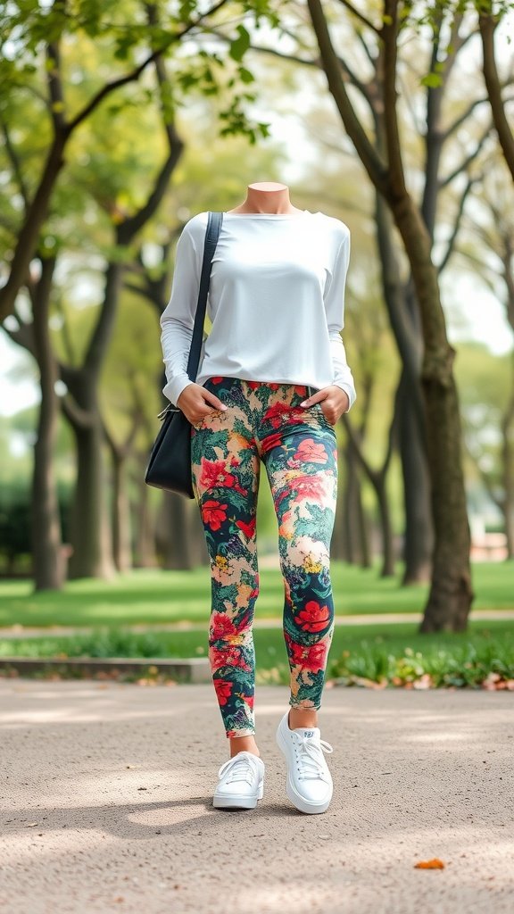 A person wearing colorful floral printed leggings with white sneakers and a long-sleeved shirt, standing in a park.