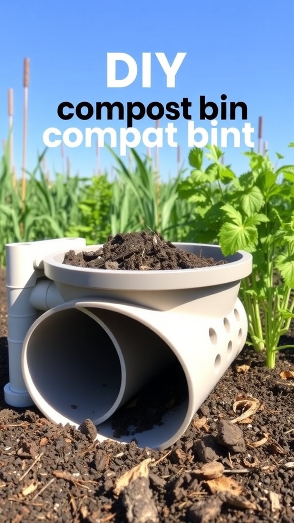 A DIY compost bin made from PVC pipes, filled with soil and set in a garden.