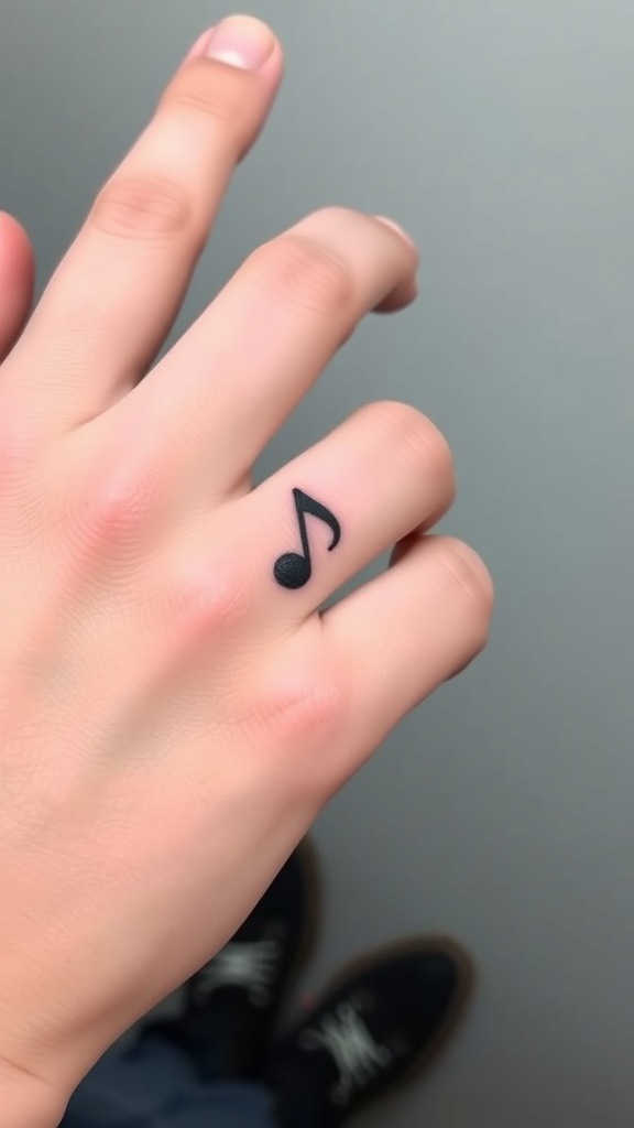 A close-up of a finger with a small quarter note tattoo.