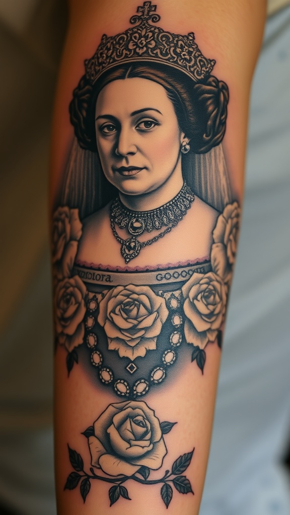 Tattoo of Queen Elizabeth I with roses and a crown