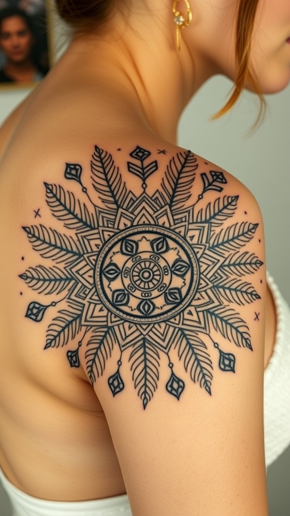 Radiating fern mandala tattoo on a woman's shoulder