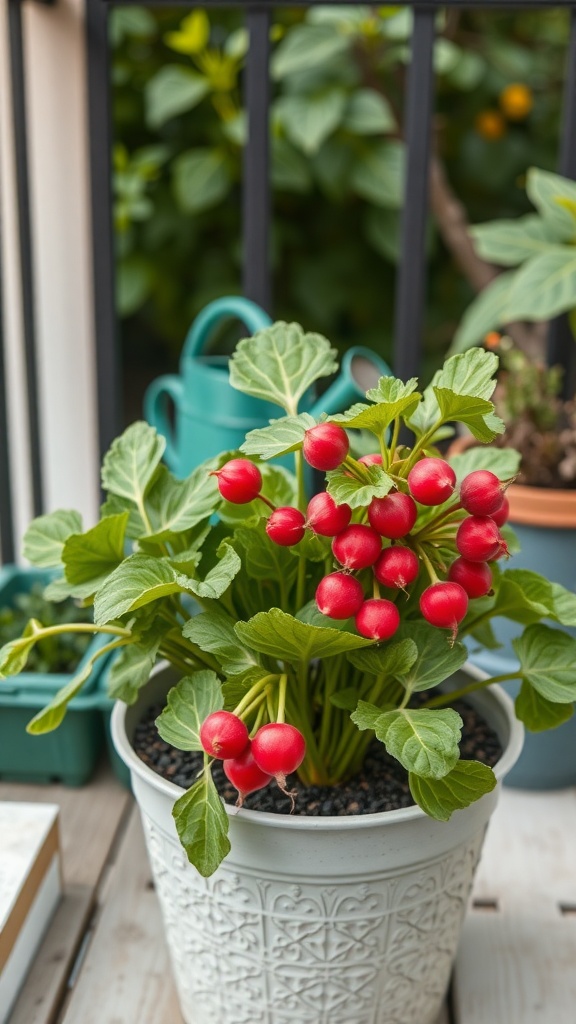 A pot of vibrant red radishes growing on a balcony.