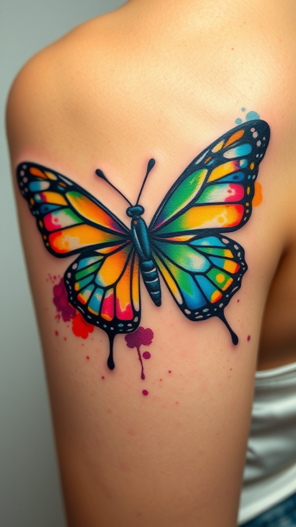 Colorful rainbow butterfly tattoo on a person's shoulder