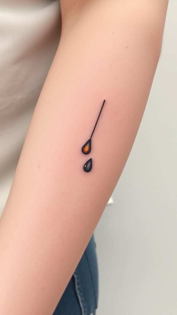 A close-up of a raindrop tattoo on a person's arm, featuring two drops in different colors.