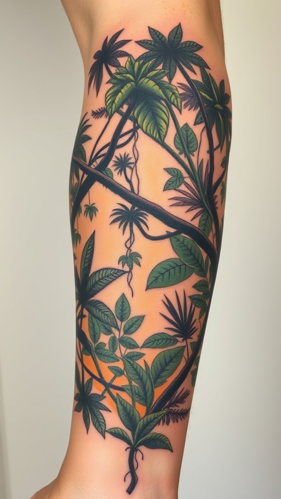 A hyper-realistic tattoo of a rainforest canopy featuring various leaves and vines.