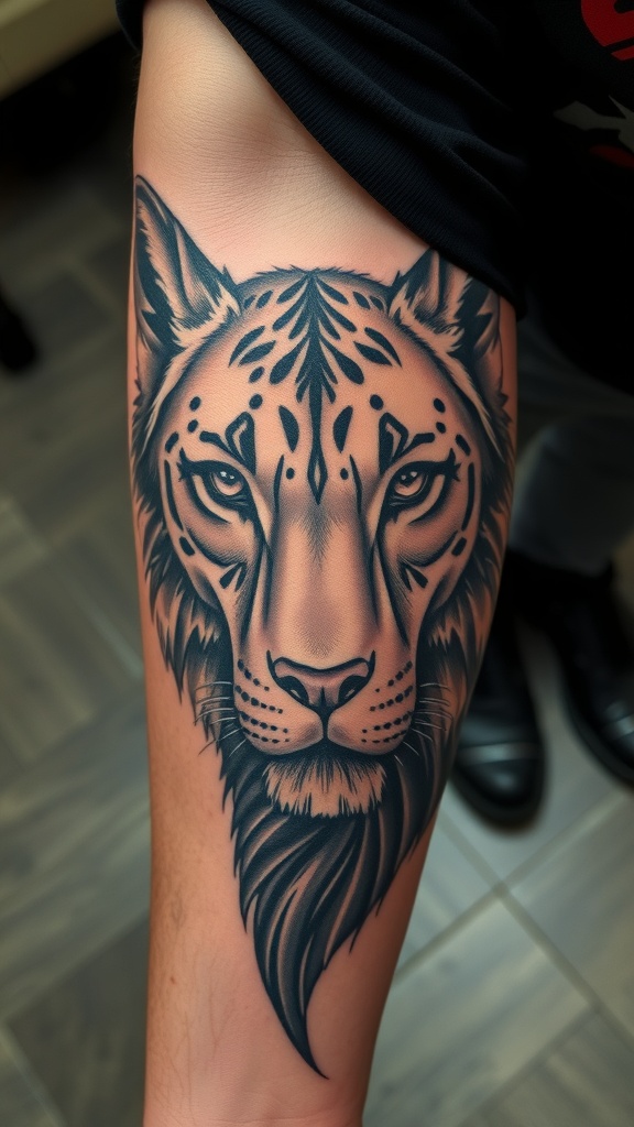A detailed tattoo of a lion's face with human features on a person's arm.