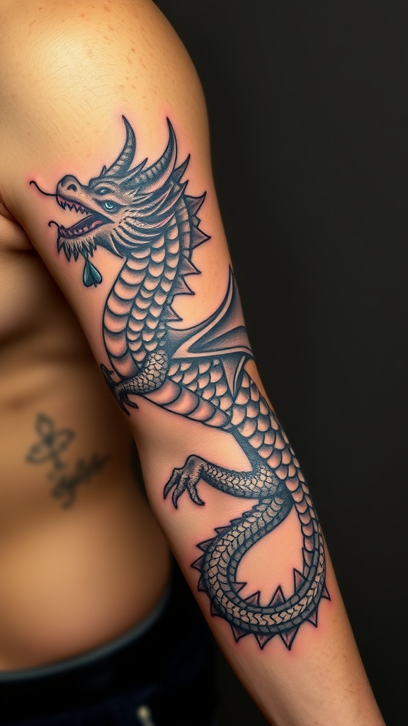 A realistic dragon tattoo on the arm, showcasing intricate details and vibrant lines.