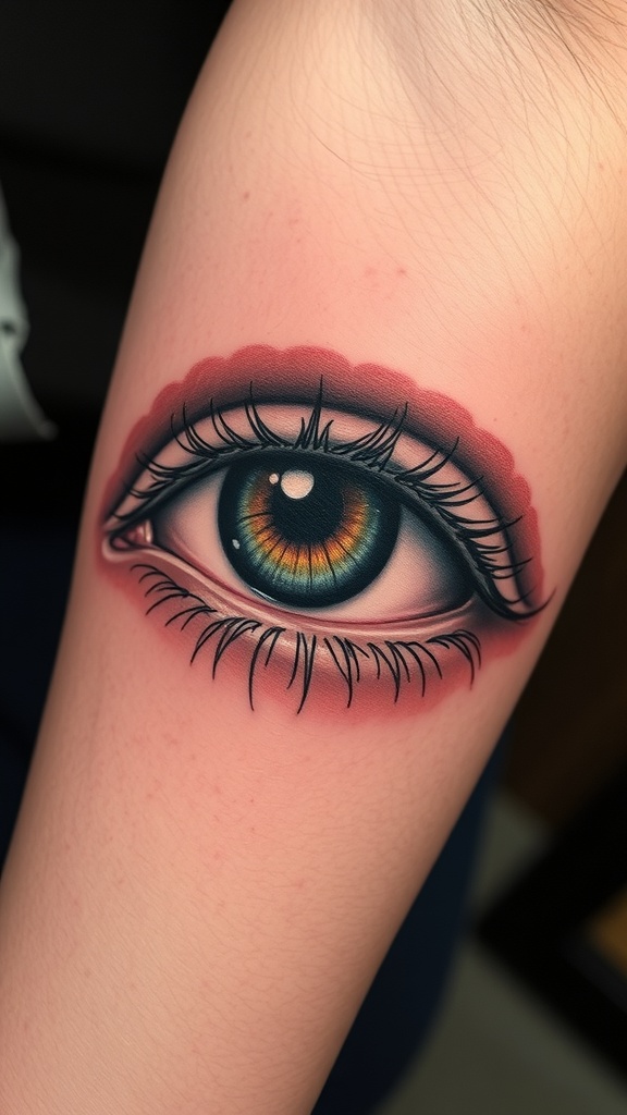 A close-up of a realistic eye tattoo with vibrant colors and intricate details.