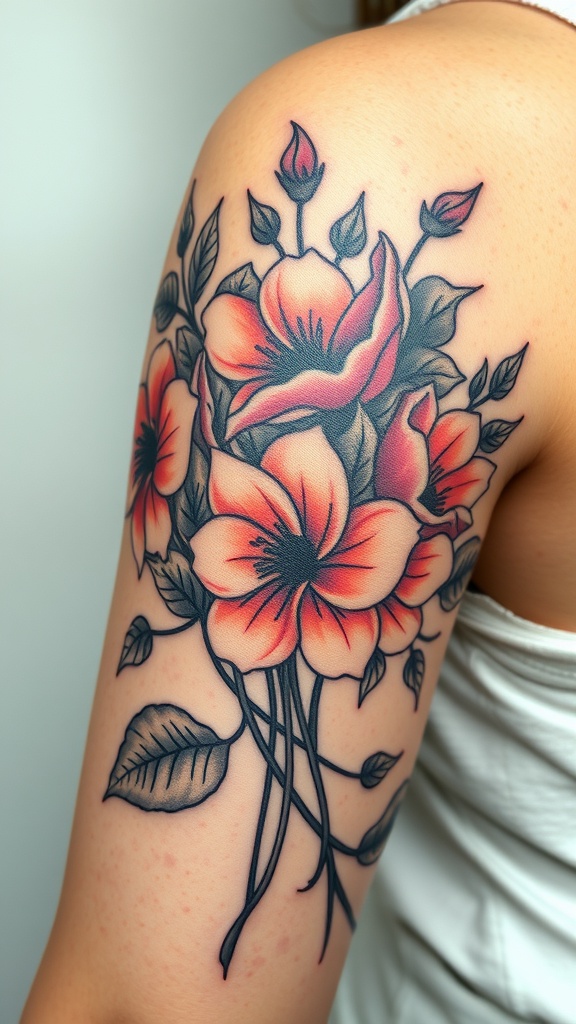 A vibrant tattoo of a flower bouquet on the shoulder.