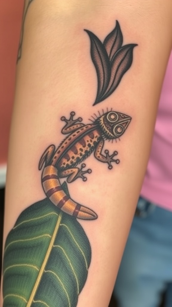 Realistic tattoo of a gecko on a tropical leaf on a person's arm.