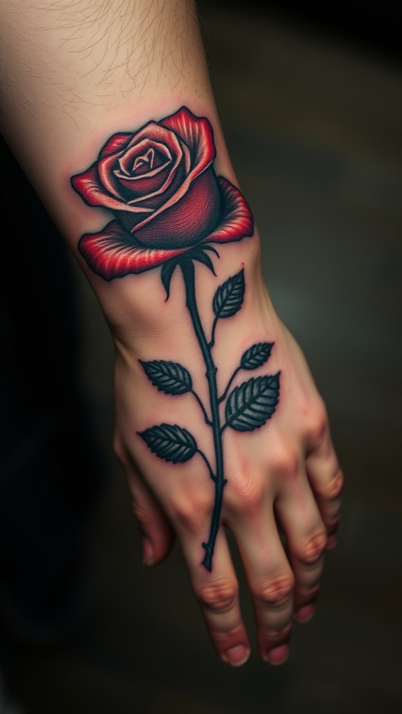 A realistic tattoo of a hand holding a rose on the wrist.