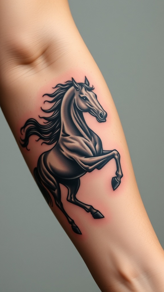 Realistic tattoo of a galloping horse on a person's back.