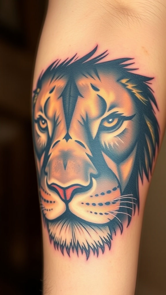 A realistic tattoo of a lion's face, showcasing detailed eyes and fur.