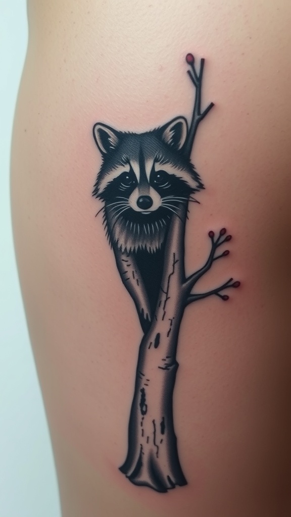 Realistic tattoo of a raccoon peeking from a tree branch.